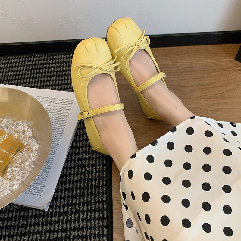 Square head retro fashion bow flat single shoes women's new versatile one-word with light mouth leather shoes