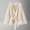 Dameullkåpe Tykk Løs Kort Trenchcoat med Belte Åpen Front Peacoat Jakke Vinter Varm Overfrakk