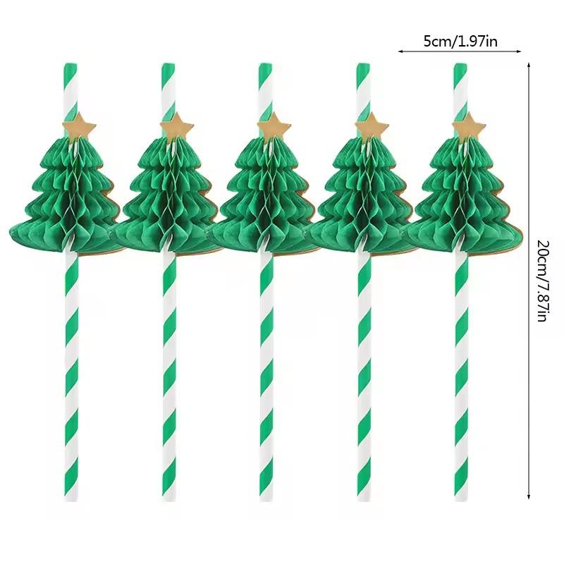 10Pcs 3D Christmas Tree Paper Straws Christmas New Year Holiday Party Decoration Supplies Juice Drinking Straws