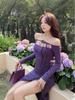 Elegant French Style Purple Bodycon Dress with Split Strap & Long Sleeves