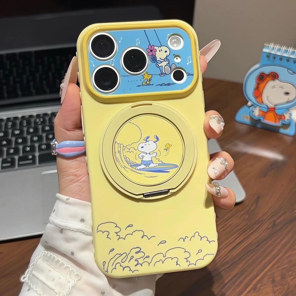 Contrasting large window surfing Snoopy rotating bracket for Apple 17PROMAX cartoon all-inclusive mobile phone case 18