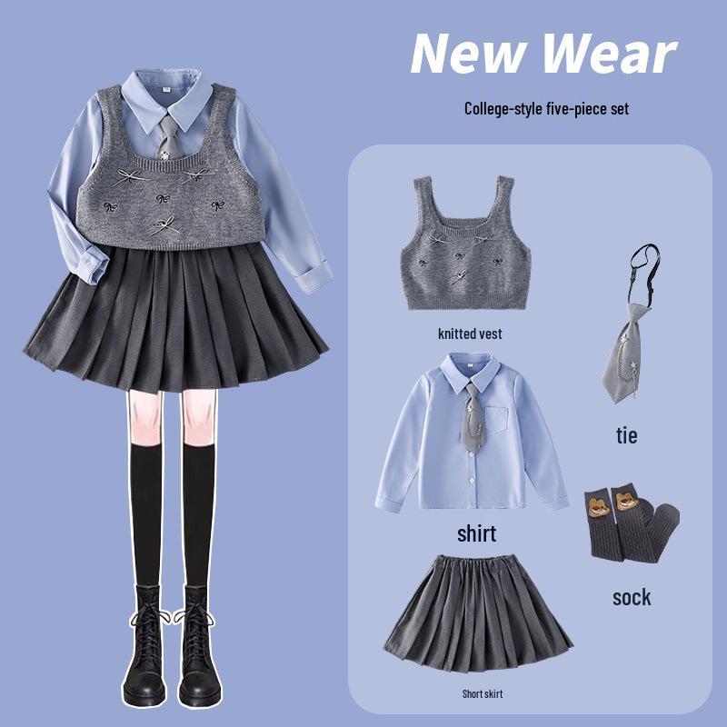 Girls' Autumn 2025 Academy Style: Bowknot Vest, Knit Vest & Pleated Skirt Set