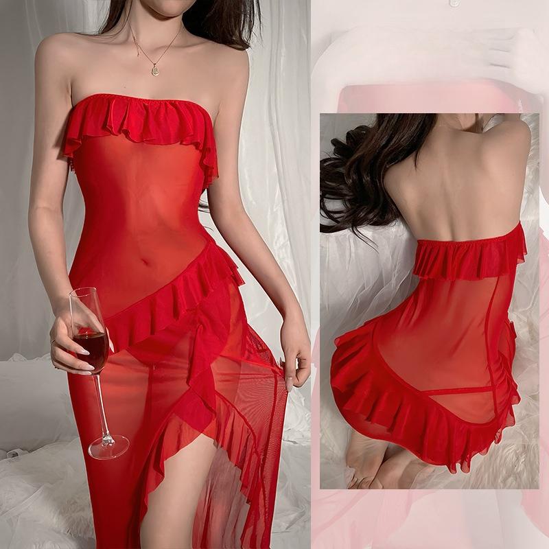 Sexy Solid Color Mesh Cami Nightgown Off-Shoulder Rolled Edge Diagonal High Slit Loungewear 692 Bold Chic Sleepwear with a Flattering