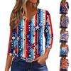 Women's Fashion Casual Independence Day American Flag Stars and Stripes Print Collar V-Neck Three-Quarter Sleeve Decorative Button-Up T-Shirt Top