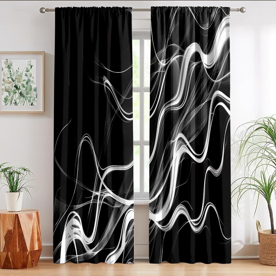 2pcs Black and White Streamlined Curtains   Modern Art Style   Living Room   Bedroom   Pull Rod Pocket   Window Decoration