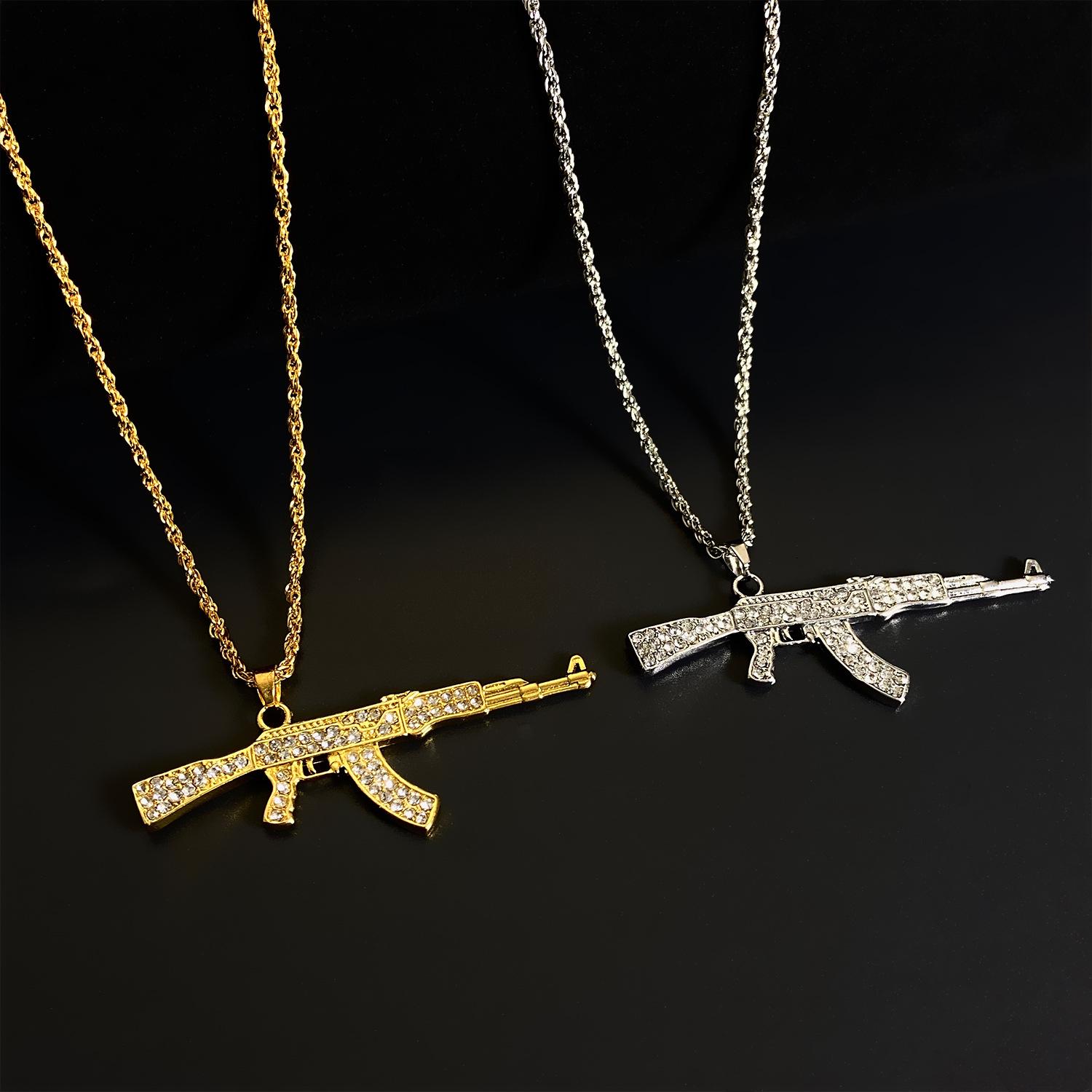 

Панк Хип-Хоп Полностью Стразы Подвеска Ожерелье Автомат АК Imitation Gold 4191