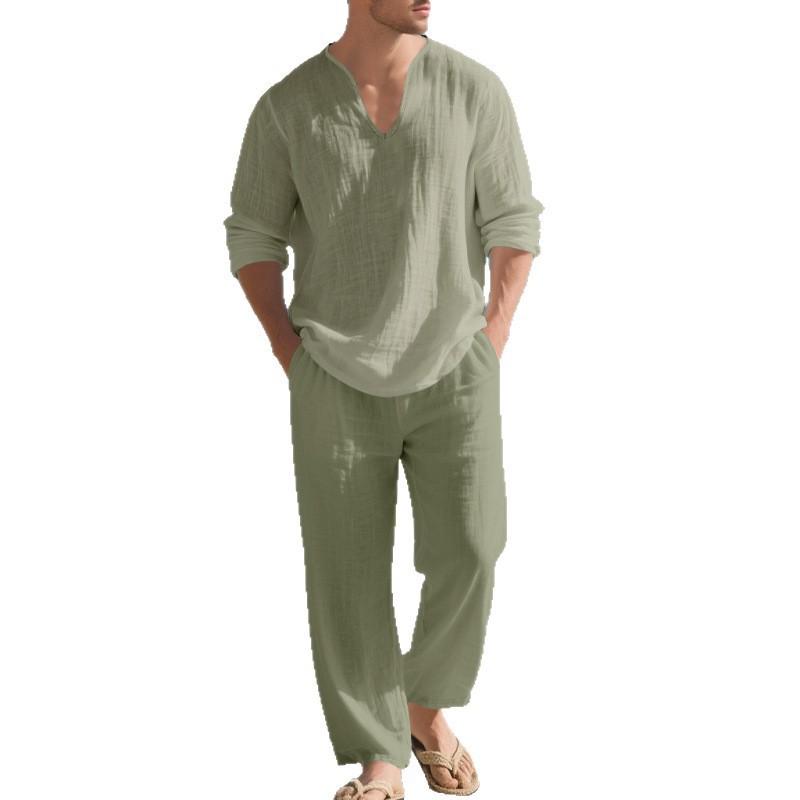 Conjunto de Linho Masculino: Conjunto Esportivo Casual para Praia, Gola V, Corte Amplo, Manga Longa