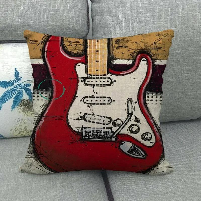 Watercolor Guitar Saxophone Pillow Bedroom Decor Luxury Home  Beautiful Musical Instrument Throw Pillowcase