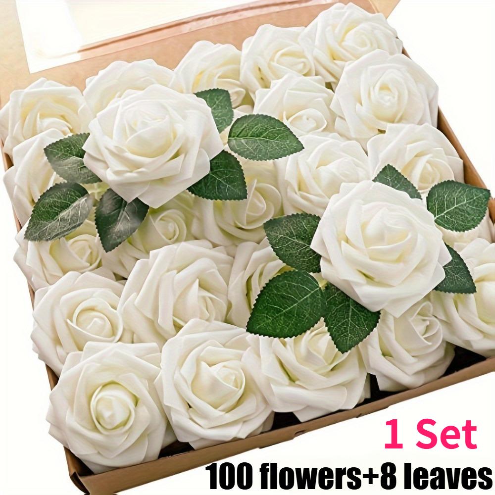 

100pcs Delicate Artificial Roses with Stems Foam PE Roses Realistic Appearance DIY Wedding Bouquet Decoration Flowers Art Decor