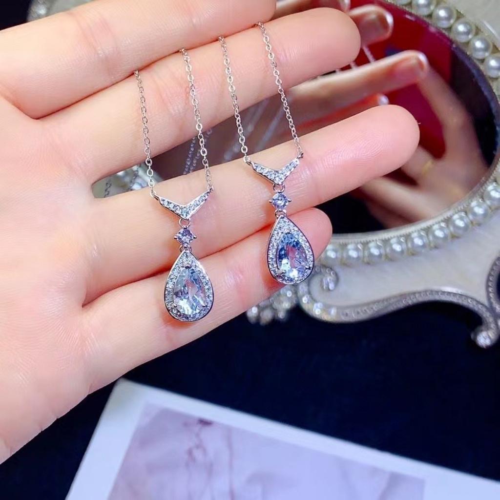 100% Natural Aquamarine Gemstone Pear Shaped Cut 925 Sterling Silver Handmade Fashion Jewelry Necklace Customized for Women