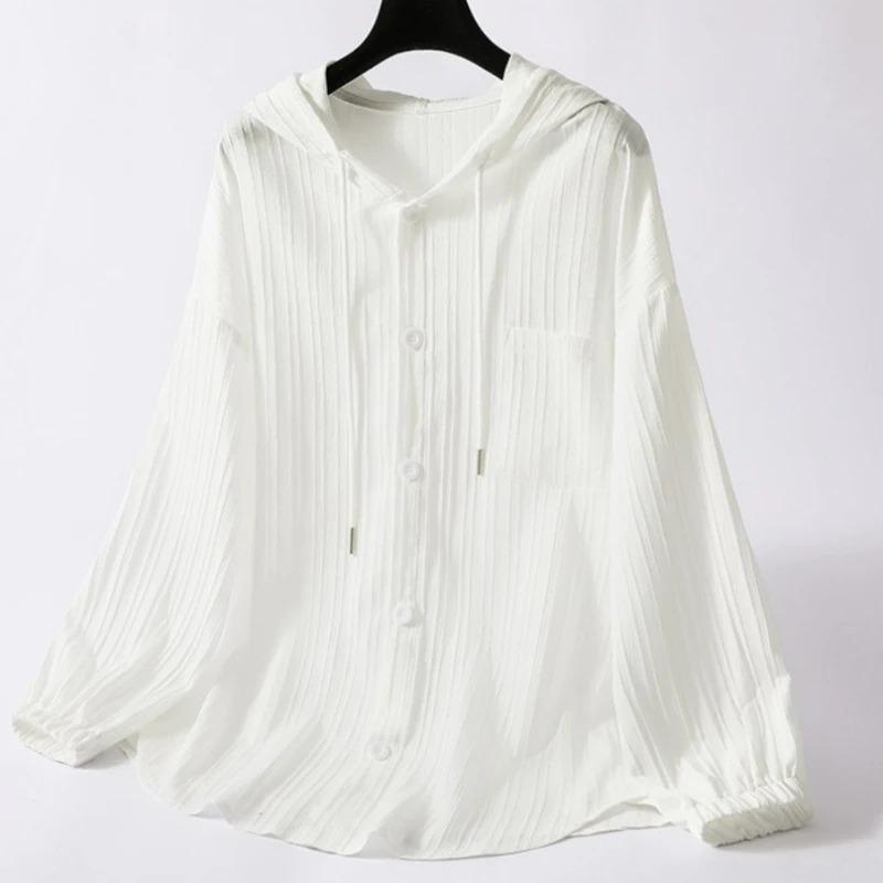 Long Sleeve Lightweight Loose Women Shirt Hooded Sun Protection Versatile Blouse Spring Autumn Retro Casual Solid Shirt
