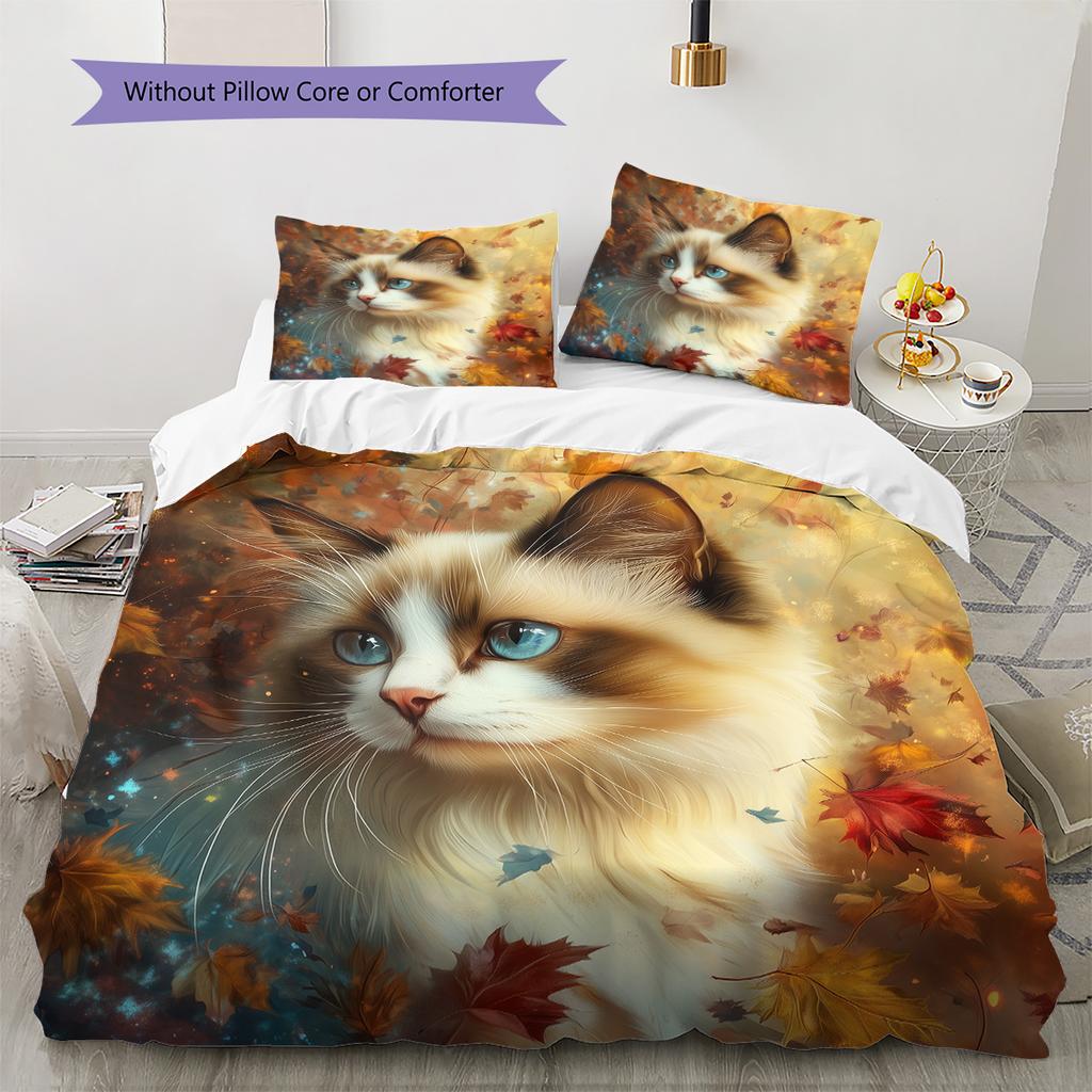 Maple Leaf Cat  Pattern Bedding Quilt Set Quilt Cover Pillowcase Home Decoration  Gift (1 * duvet cover + 2 * pillowcase, without core)