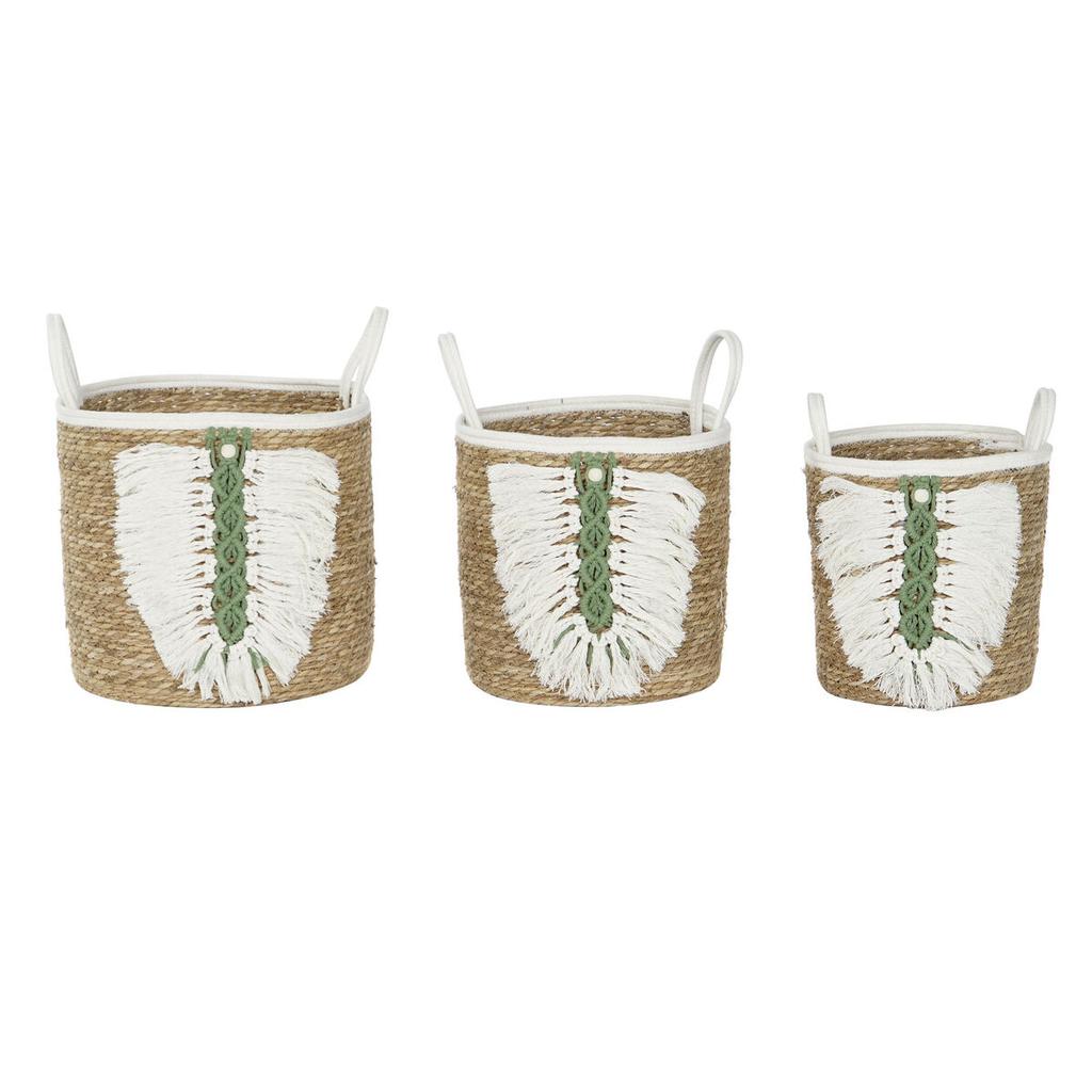 Basket Set Home ESPRIT White Green Natural Natural Fiber Tropical 39 X 39 X 47 Cm (3 Pieces)