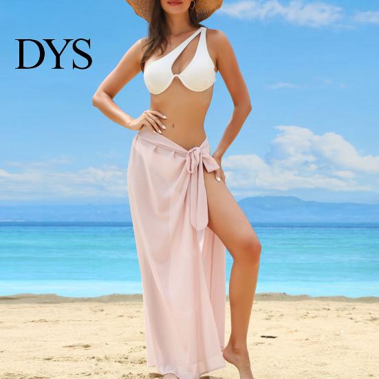Summer Beach Skirt Women Lace-up Solid Color See-through Thin Flowy Quick-Drying Sun Protection Bikini Cover Up Elastic Waist
