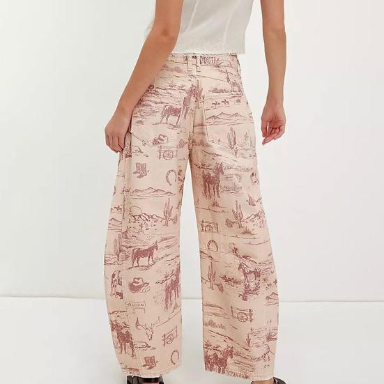 Barrel Jeans for Women Floral Print Boyfriend Baggy Jeans Casual Mid