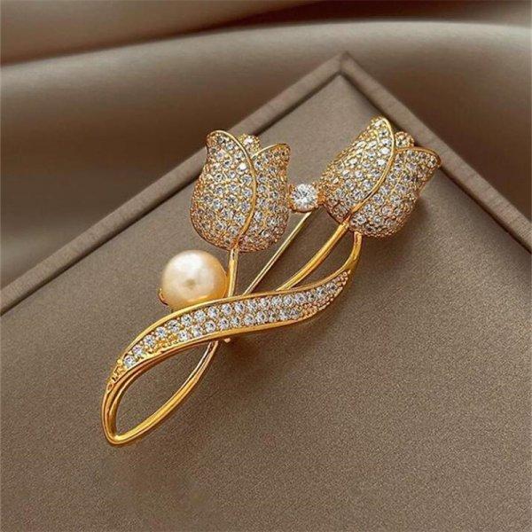 Broches de Flores de Strass de Luxo com Pérolas Artificiais para Mulheres Broche Brilhante de Zircônia com Laço Pin Acessórios para Lenço Casaco Terno Joias