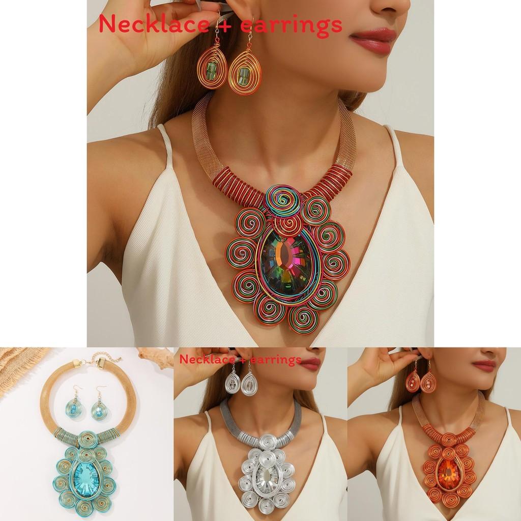 Set di Gioielli Con Cristallo Filo di Alluminio Lavorato a Mano Collana Larga e Orecchini Per Donna