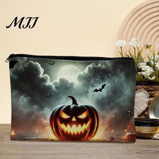 Halloween Themed Pencil Case Storage Bag, Large Capacity Cosmetic with Pumpkin Black Zipper Pouch Castle Skull Print, Smooth Thickened Canvas Toiletry