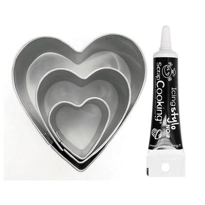 3 Mini Stainless Steel Heart Cookie Cutters + Black Icing Pen