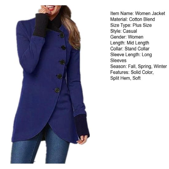 Women Fall Winter Jacket Stand Collar Neck Protection Single-breasted Irregular Split Hem Soft Patchwork Long Sleeve Solid Color Thick Warm