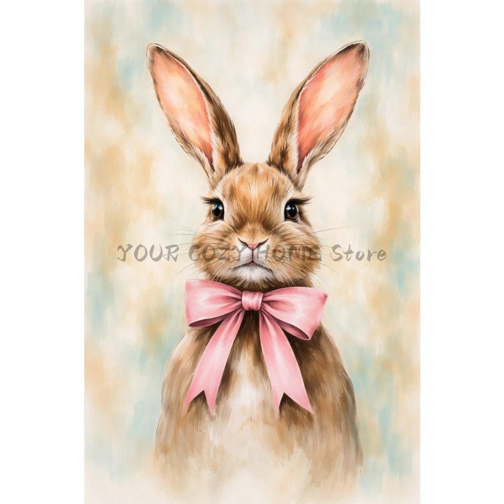 Vintage Cute Easter Bunny Spring Flower Animal Rabbit Carrot Art Poster Canvas Painting Wall Prints Picture for Room Home Decor