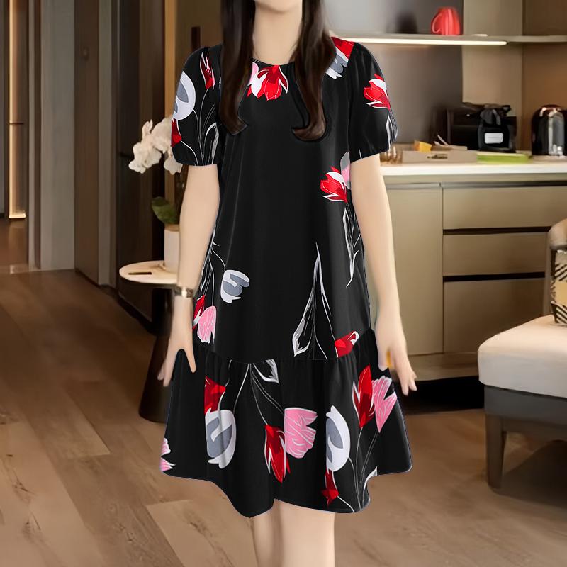 

ZANZEA Женское повседневное платье с круглым вырезом и коротким рукавом с принтом S