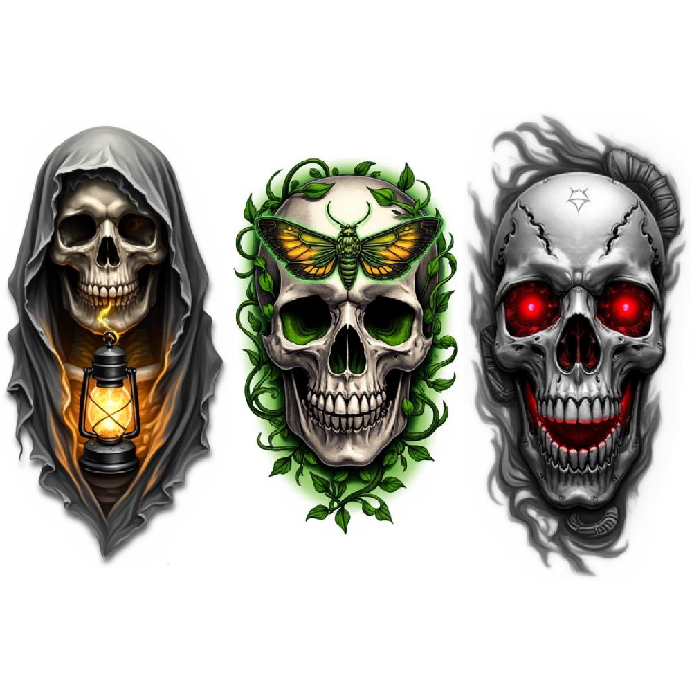 3pcs Temporary Tattoo Colorful Realism Roses And Butterfly Skull Butterfly Head Skull Star Marked Skull For Arms Thighs Men