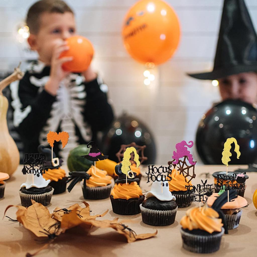 Glitter Witch Hair Hat Halloween Cupcake Toppers Cake Decorations for Hocus Pocus Theme Birthday Party Cake Decorations