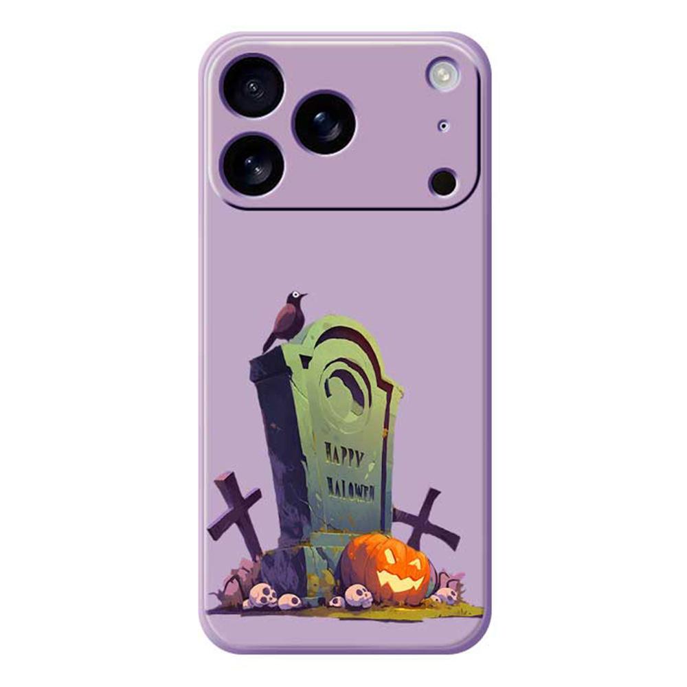 

For iPhone 17 Pro Case Halloween Tombstone Pattern Printing Straight Edge TPU Phone Back Cover Purple