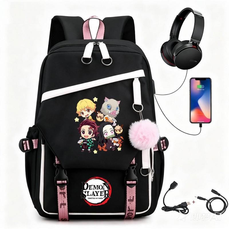 Anime Printed Canvas Backpack With USB Charging Port Teens Students School Travel Unisex