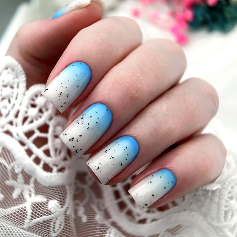 Black Press On Nails - Short, Square Acrylic Winter Snowflake Gradient False Nails with Starry Night Designs - Reusable Glue On Nails for Women & style27