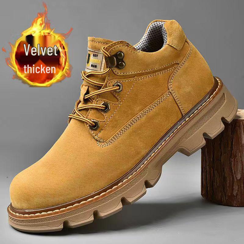 Men's Yellow Leather Toe Cap Pigskin Short Boots - Casual Velvet-Lined Warm Autumn/Winter Style