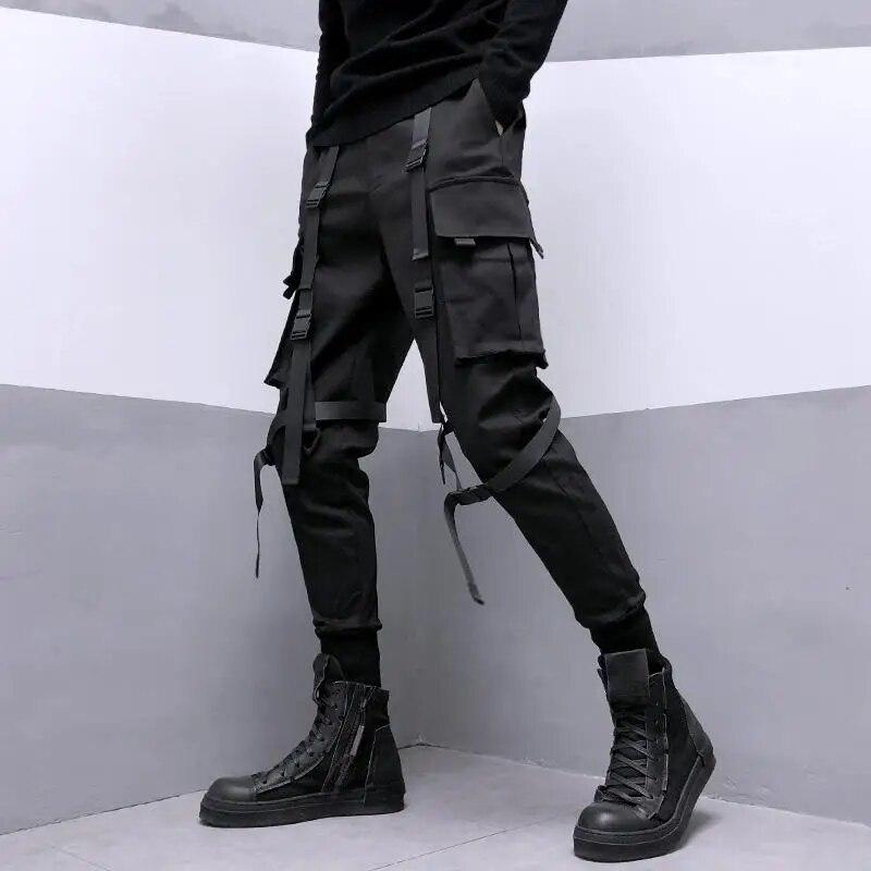 Men's Spring and Fall Multi-Pocket Work Pants Fashion Casual Hip Hop Drawstring Pants
