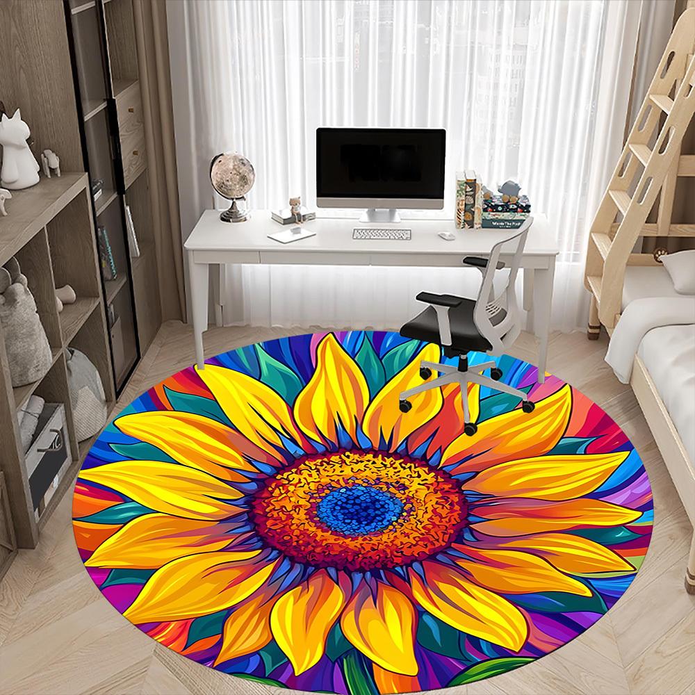 1PC Sunflower Mandala Office Round Area Rug, Mat Suitable ForOffice, Under Office Chairs Bedroom Living Room Home Decor, Room Deco