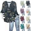 Women's Fashion Casual Button V-Neck Seven Sleeve Vintage Printed Shirt Top