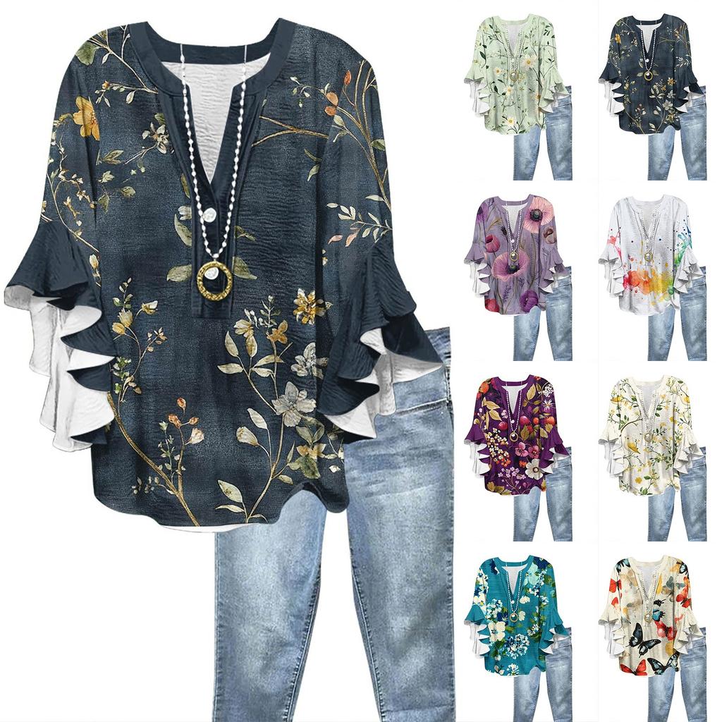 Women's Fashion Casual Button V-Neck Seven Sleeve Vintage Printed Shirt Top