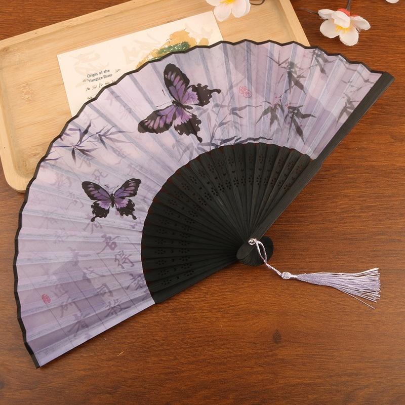 1pc Chinese Style Bamboo Folding Fan Butterfly Pattern Hand Fan With Tassel For Wedding Dance Party Home Decor