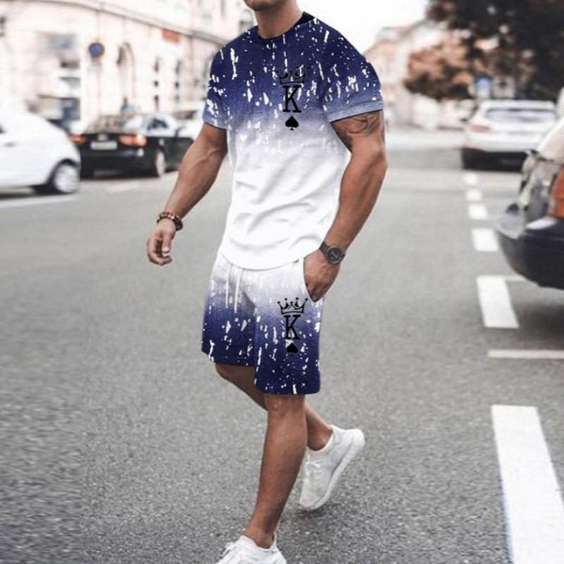 Summer Casual Men's Adult Set 3D Printed Pattern Men's Short-Sleeved T-shirt Set Gradient Cool Casual Sports Shorts two-Piece