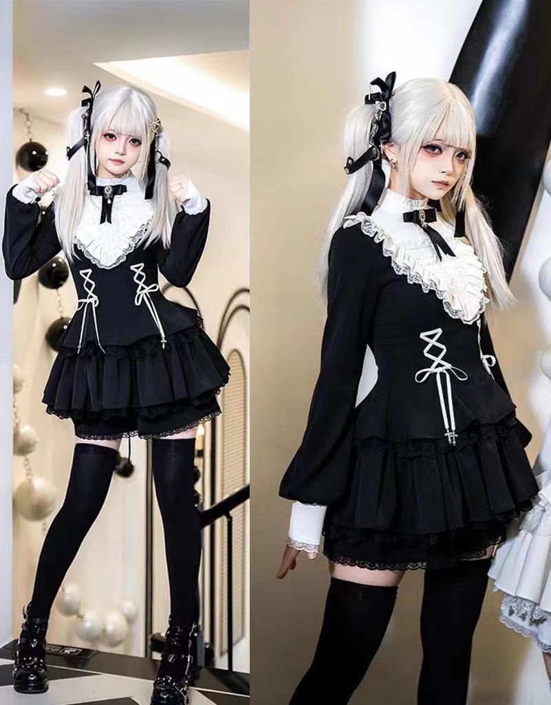 KALAOK Gothic Schwarzes Mori Girl Lolita Kleid, Langärmlig, für Cosplay, Schulfeste, Kulturfeste, Veranstaltungen und Fotoshootings, Größe S