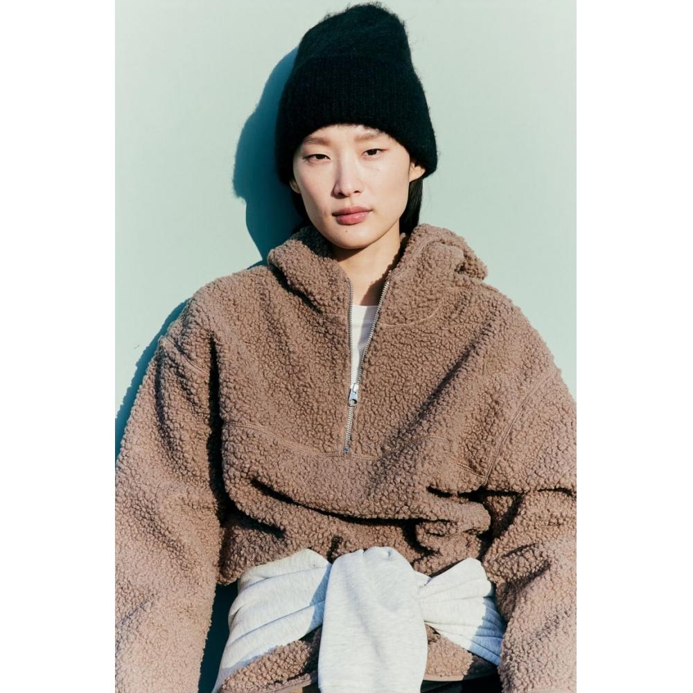 

H M Zip Top Teddy Hoodie Dark Beige