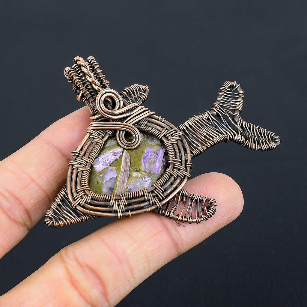 Amazing Copper Charoite Gemstone Handmade Pure Copper Wire Wrapped Fish Pendant Jewelry