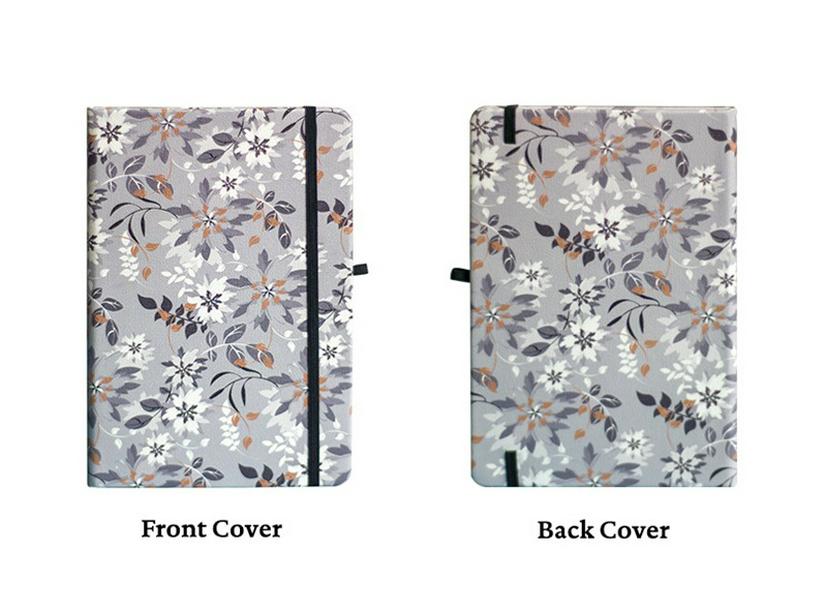 A5 Grey Floral Bullet Journal with Elastic Band & Pocket - Dot Grid & Lined Notebook Planner, Hardcover