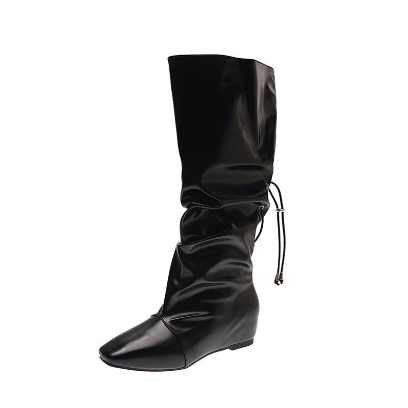 New khaki suede inner heightening boots, western knight boots modified legs, stacked high boots for women