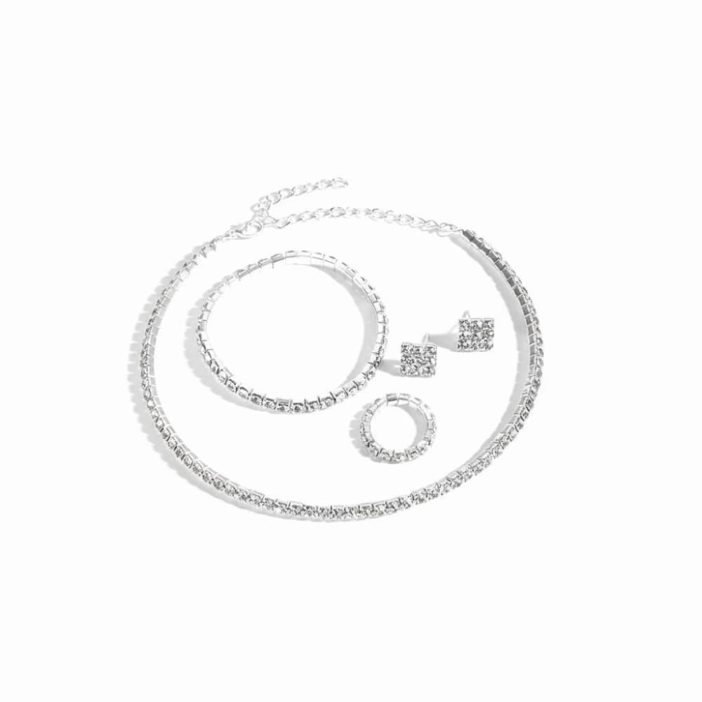 4Pcs Earring Bridal Jewelry Set Shiny Rhinestone Choker Necklace Bracelet Earring Ring Set  Women 1 Layer
