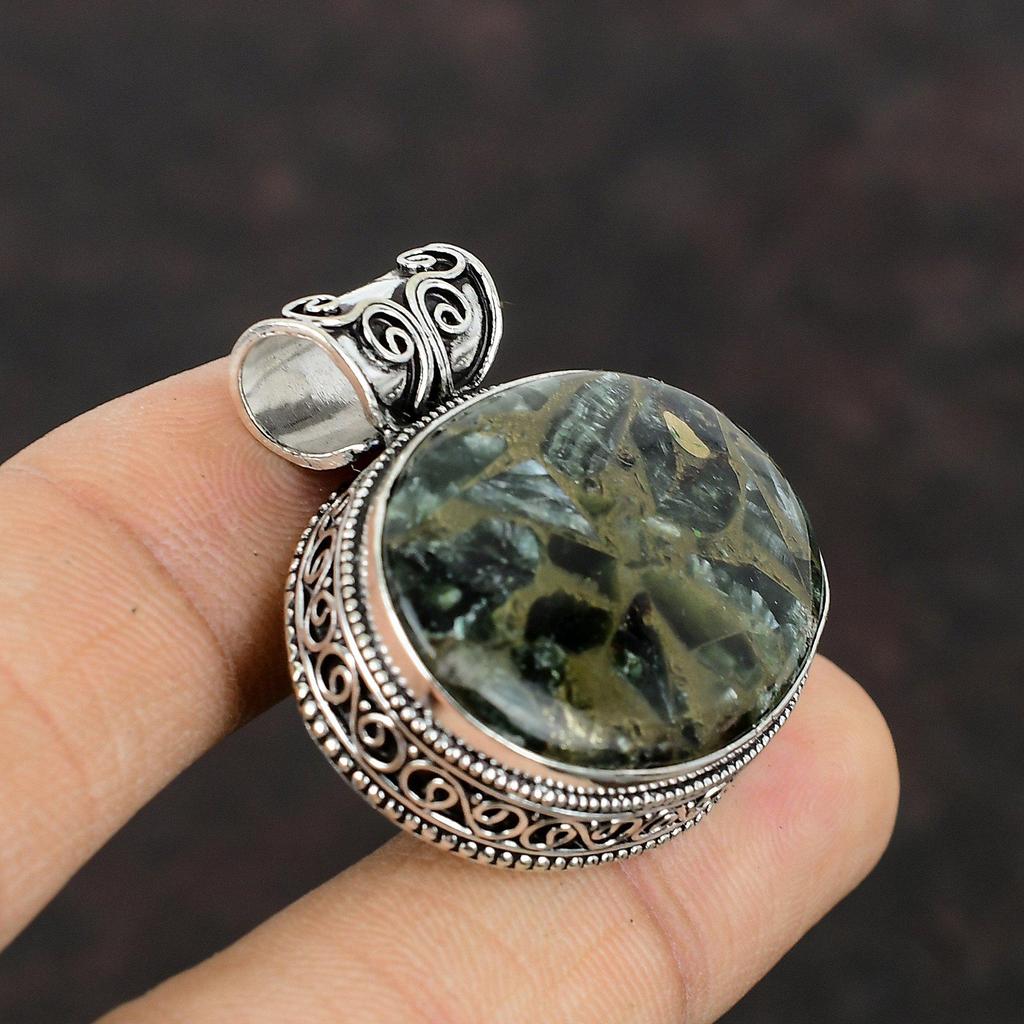 Copper Seraphinite Pendant Handmade Jewelry Gemstone Vintage Pendant 925 Sterling Silver Pendant Ethnic Jewelry Gift For Him Amazing Pendant