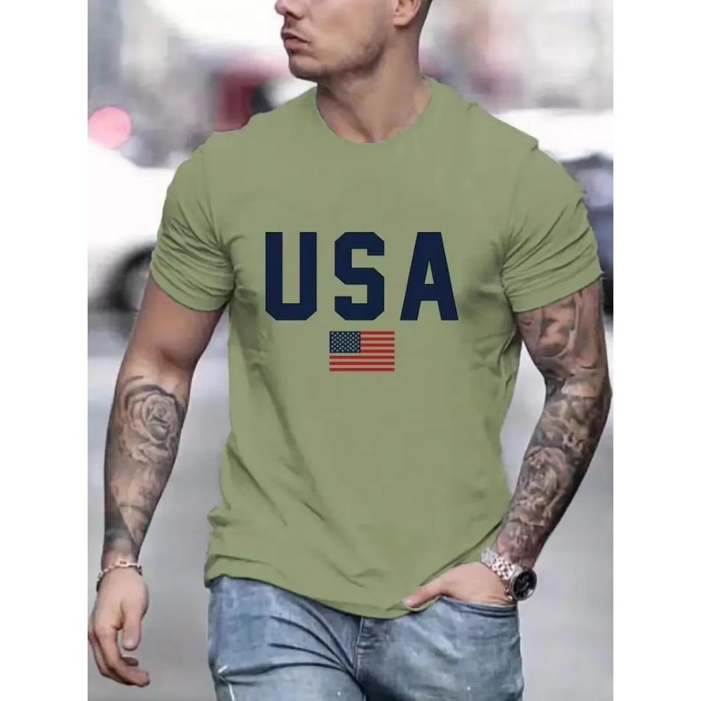 'USA' Pattern Print Men's Comfy T-shirt, Graphic Tee Men's Summer Outdoor Clothes, Men's Clothing, Tops for Men
