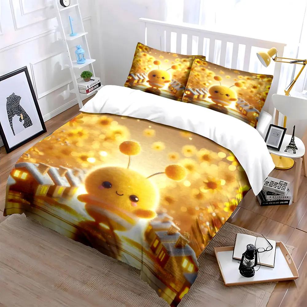 Ensemble de décoration abeille mignon – Ornement de maison Couette douce et confortable Ensemble de literie Comprend 1*Housse de couette & 2*Taies d'oreiller cadeau