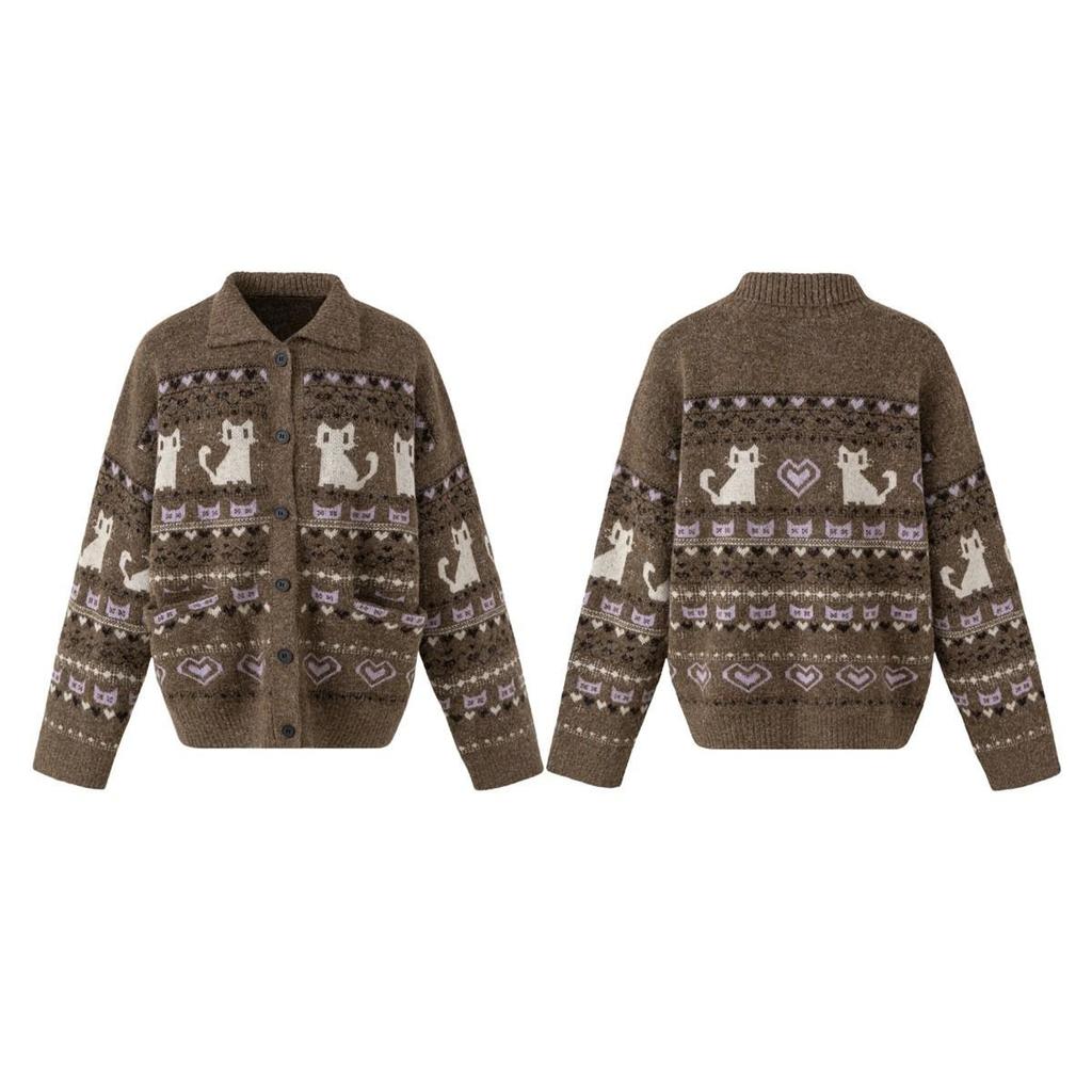 Korean Retro Cat Jacquard Sweater Cardigan - Autumn/Winter Loose Knitwear for Women