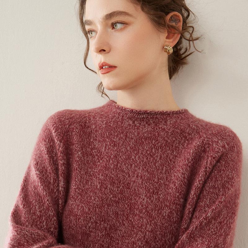 Women's Thickened Cashmere Sweater: Half-High Collar, Raglan Sleeve, Marled Yarn, Rolled Hem, Warm Long Sleeve Base Layer.