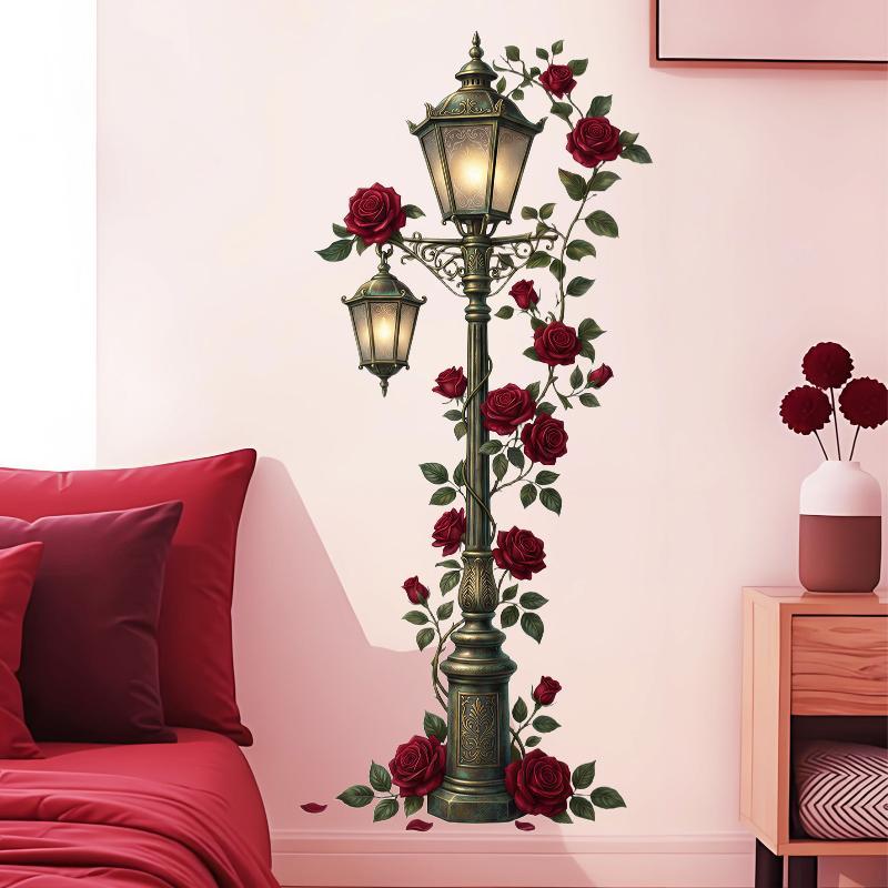 Vintage Street Lamp Wall Decal Red Rose Vine Self Adhesive For Living Room Bedroom Home Wall Decor